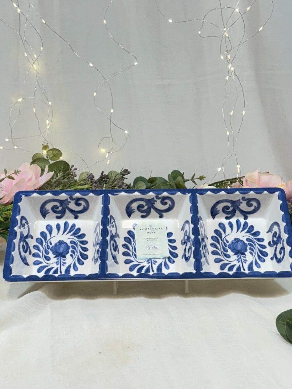 Artisan de Luxe Rose SCROLL MELAMINE Blue white DIVIDED Serving Tray New
